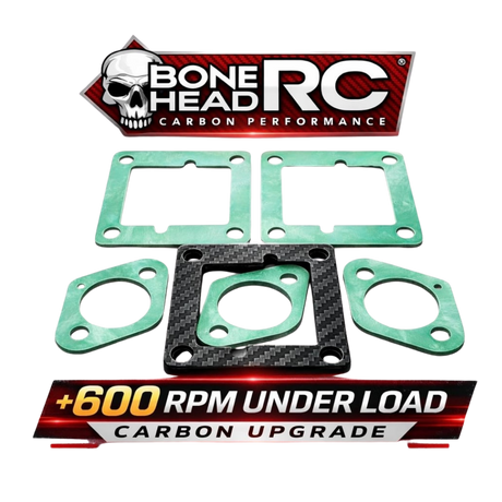 Carbon gaskets with Bone Head RC branding and performance claims on a white background