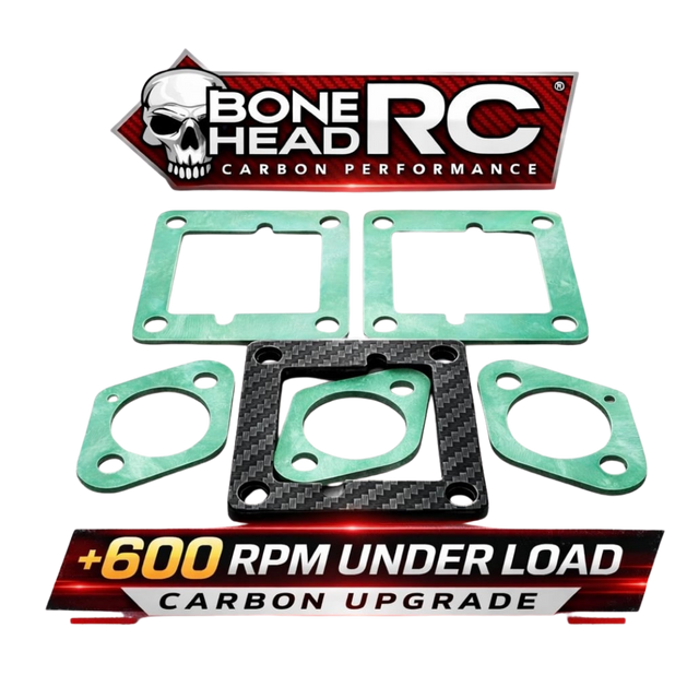 Carbon gaskets with Bone Head RC branding and performance claims on a white background