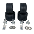 Set of four black tires and multiple metal components on a white background