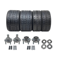 Set of four tires and their corresponding metal components on a white background