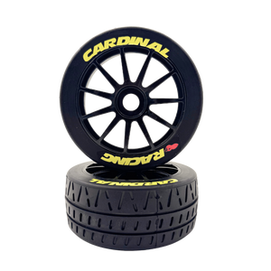 Two black racing tires with 'Cardinal Racing' branding on a white background