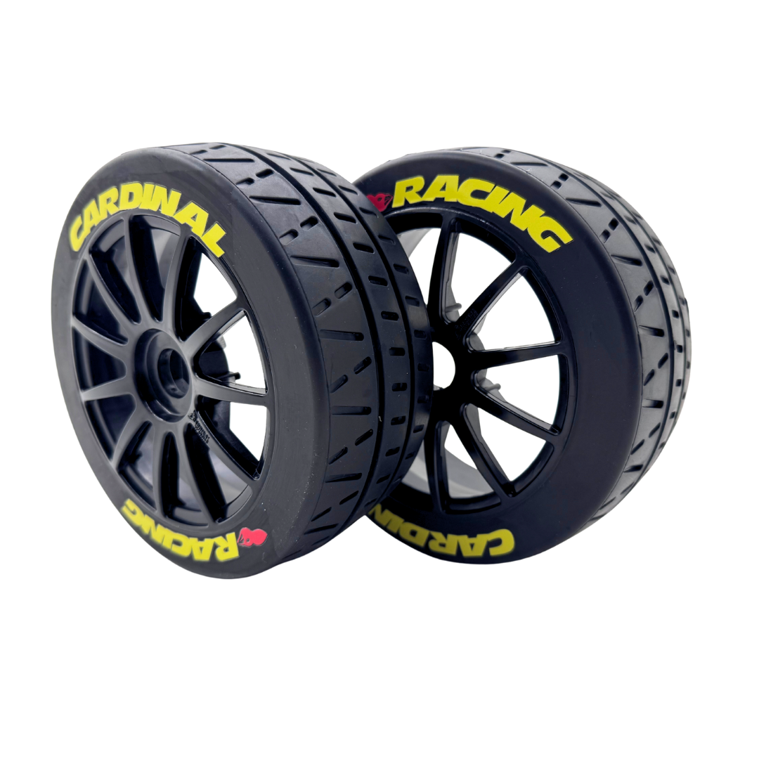 Two black wheels with yellow 'Cardinal Racing' text on a white background
