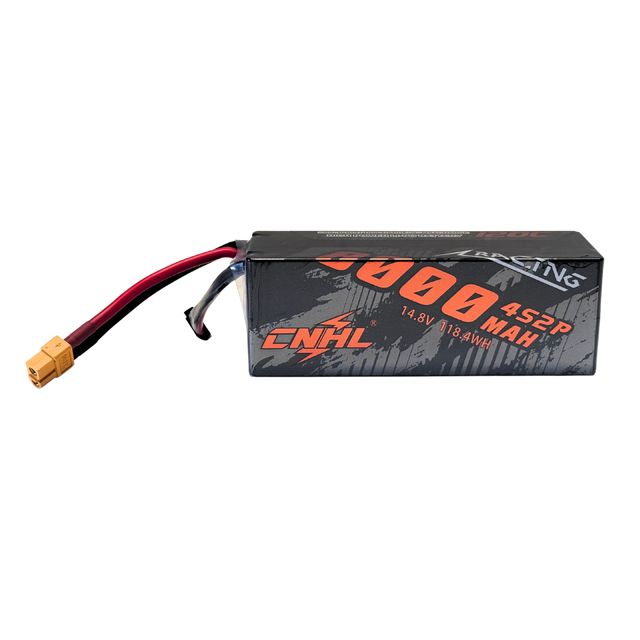 Black battery pack with red and yellow connectors on a white background