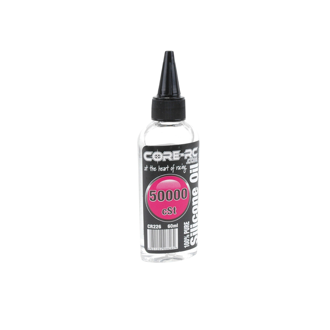 Bottle of Core RC silicone oil with a black cap on a white background