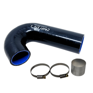 Black silicone hose kit with clamps and a sleeve on a white background