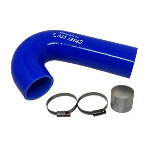 Blue silicone hose with clamps on a white background