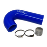 Blue silicone hose with clamps on a white background