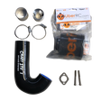 Collection of car parts including a black silicone hose, metal clamps, and packaging on a white background.