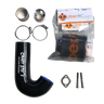 Collection of car parts including a black silicone hose, metal clamps, and packaging on a white background.
