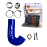 Collection of automotive parts including a blue intake system, metal clamps, and a package labeled 'Uber RC' on a white background.