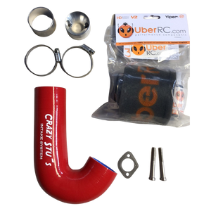 Collection of automotive parts including a red intake tube, clamps, and a package labeled 'Uber RC' on a white background.