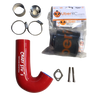 Collection of automotive parts including a red intake tube, clamps, and a package labeled 'Uber RC' on a white background.