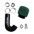 Car air intake system components including a black silicone hose, green air filter, and metal parts on a white background.