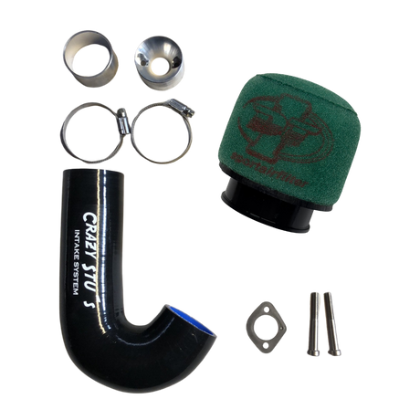 Car air intake system components including a black silicone hose, green air filter, and metal parts on a white background.