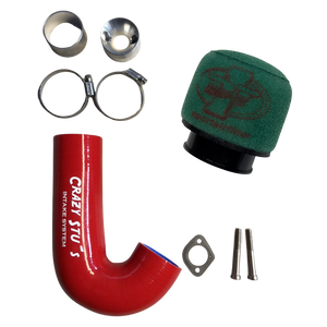 Collection of automotive parts including a red intake pipe, green air filter, and metal components on a white background.
