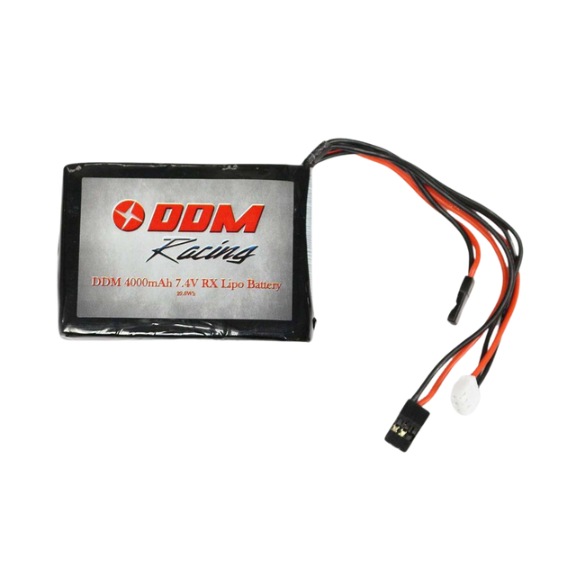 DDM Racing battery with red and black wires on a white background
