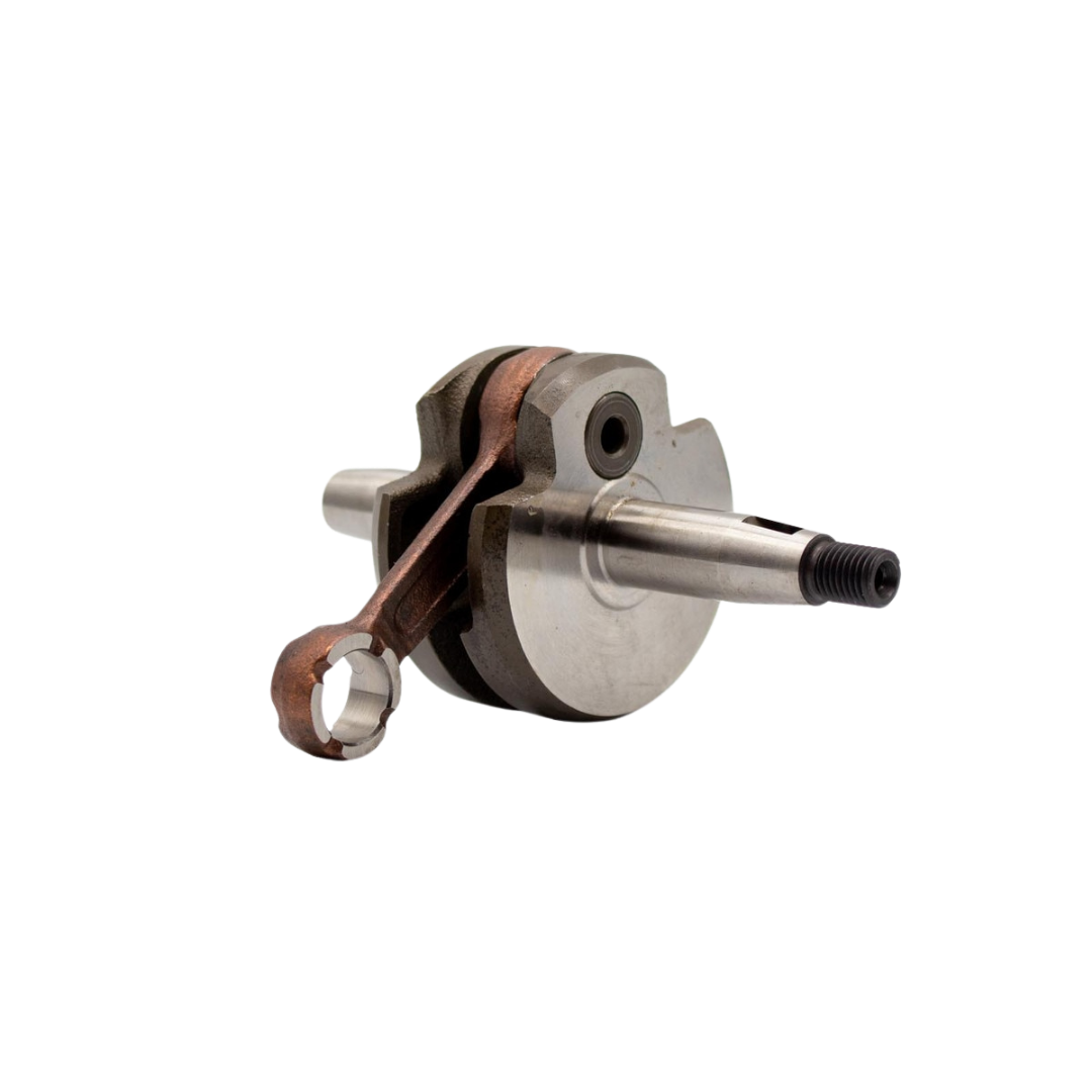 A metal crankshaft bearing assembly with a connecting rod, shown on a plain white background.