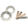 Two metal brake rotors and three metal feeler blades on a white background
