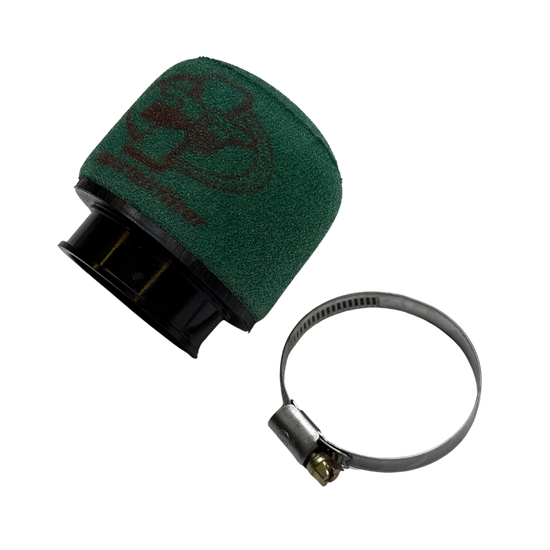Green air filter with black clamp on a white background