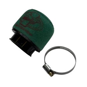 Green air filter with black clamp on a white background