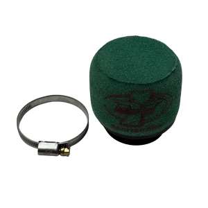 Green air filter and metal clip on a white background