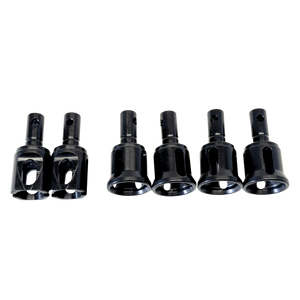 Set of six black metal drill bits on a white background