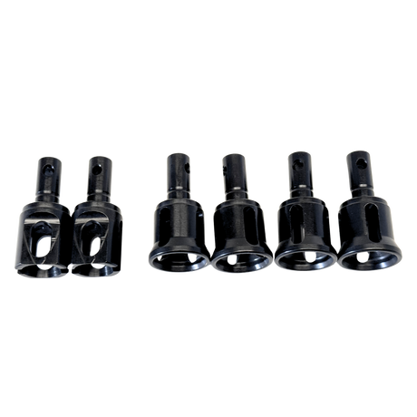 Set of six black metal drill bits on a white background