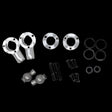 A set of metal and nylon parts for a remote control car, including shafts, bushings, and other suspension components.