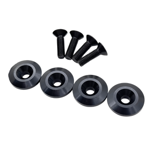 Set of black screws and washers on a white background