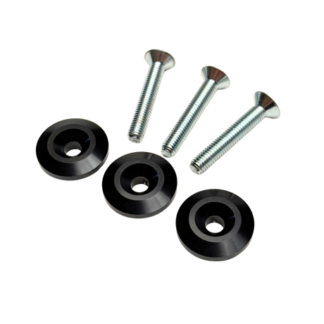 Set of black washers and screws on a white background