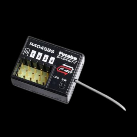 Futaba R404SBS F-4G 4 Channel S.BUS2 Telemetry Receiver, black in color, with antenna and branding visible.