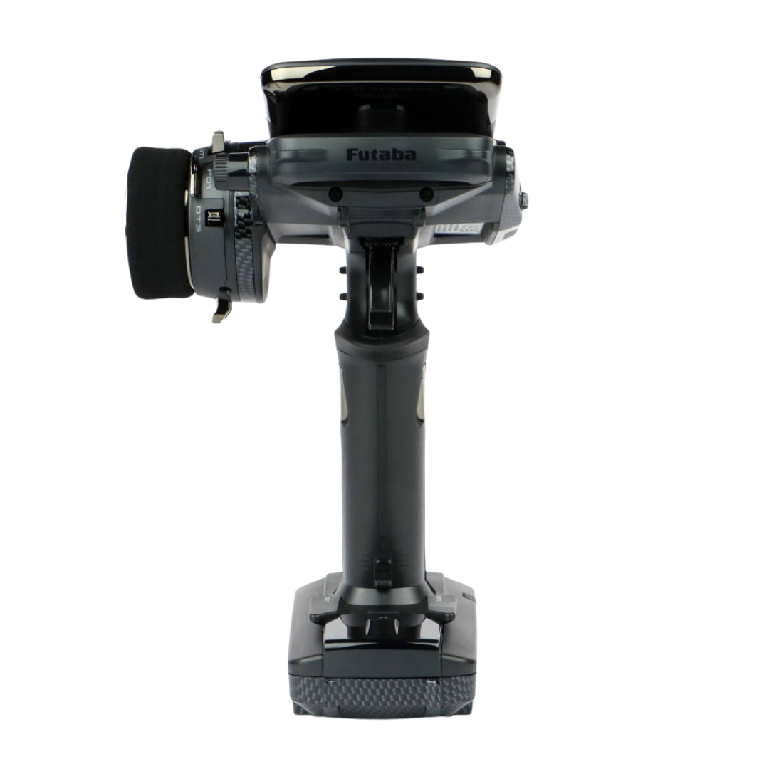 Black Futaba remote control transmitter on a white background