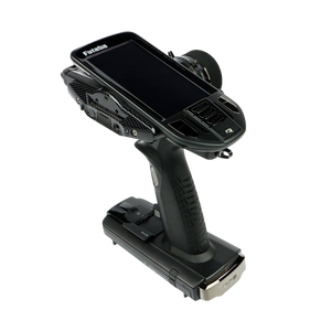 Black remote control with smartphone mount on a white background