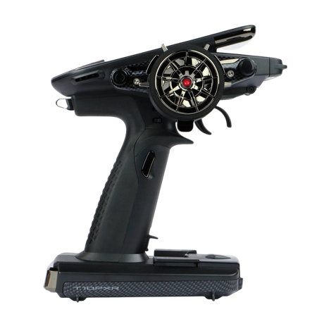 Black remote control transmitter on a white background
