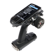 Black remote control device with digital display on a white background