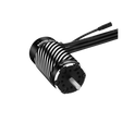 Black electronic component with visible branding on a white background