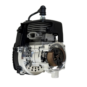 Front view of the HPRC 32cc race ported Zenoah engine showing the raw silver billet clutch bell housing with exposed clutch shoes and cooling vent holes