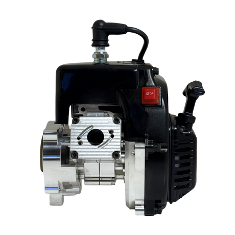 HPRC billet reed case 32cc race ported Zenoah engine, side view showing the raw silver reed case, black cylinder head, pull-start handle and red stop switch