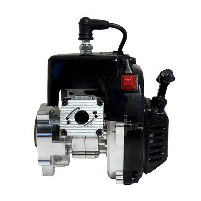 HPRC billet reed case 32cc race ported Zenoah engine, side view showing the raw silver reed case, black cylinder head, pull-start handle and red stop switch