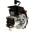 Front view of the HPRC 34cc race ported Zenoah engine showing the raw silver billet clutch bell with exposed clutch shoes, spring and cooling vent holes