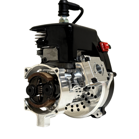 Front view of the HPRC 34cc race ported Zenoah engine showing the raw silver billet clutch bell with exposed clutch shoes, spring and cooling vent holes