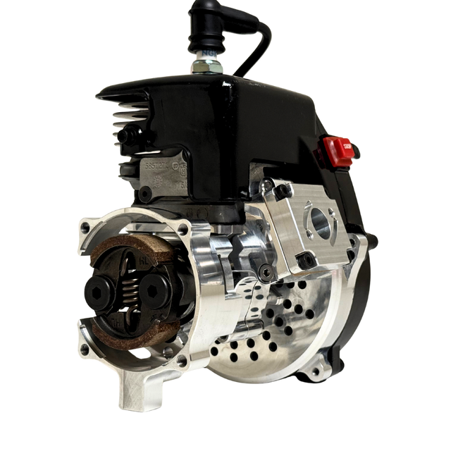 Front view of the HPRC 34cc race ported Zenoah engine showing the raw silver billet clutch bell with exposed clutch shoes, spring and cooling vent holes