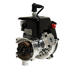 Front view of the HPRC 34cc race ported Zenoah engine from the opposite angle, showing the raw silver clutch bell, reed case mount and black cylinder head