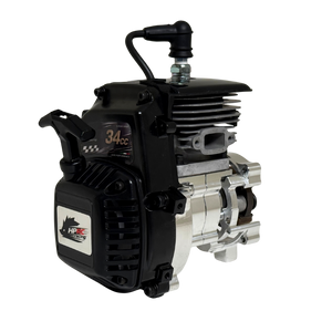 HPRC 34cc race ported Zenoah engine, rear view showing the black cylinder fins, "34cc" HPRC Racing decal and raw silver billet clutch bell