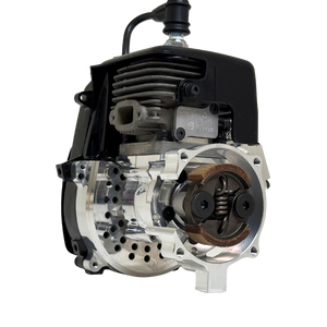 Front view of the HPRC 38cc race ported Fujiwara engine showing the raw silver billet clutch bell with exposed clutch shoes, spring and cylinder fins