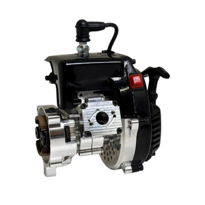 Side view of the HPRC 38cc race ported Fujiwara engine from the opposite angle, showing the raw silver reed case, clutch bell and red stop switch
