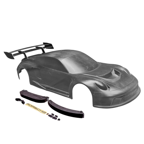 Car body shell with Porsche branding on a white background