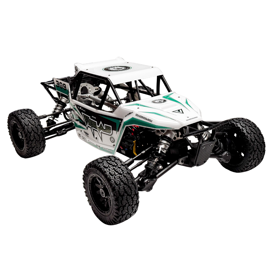 Model off-road vehicle with a white and green design on a white background