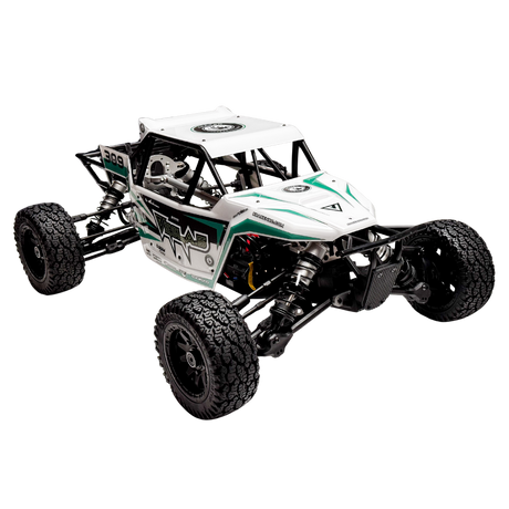 Model off-road vehicle with a white and green design on a white background