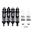 Four shock absorbers and two bottles of shock oil on a white background